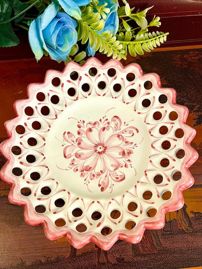 Vintage Pink Hand Painted Floral Pierced Ceramic Decor Plate 18 cm