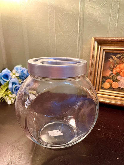 Round Glass Storage Jar – Silver Lid Kitchen Canister