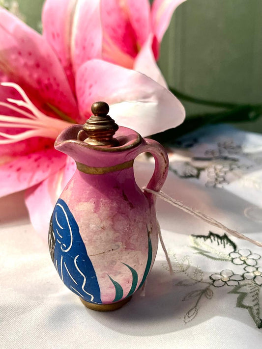 Vintage Miniature Hand-Painted Pink Perfume Bottle / Decorative Scent Vessel Approx. 8 cm