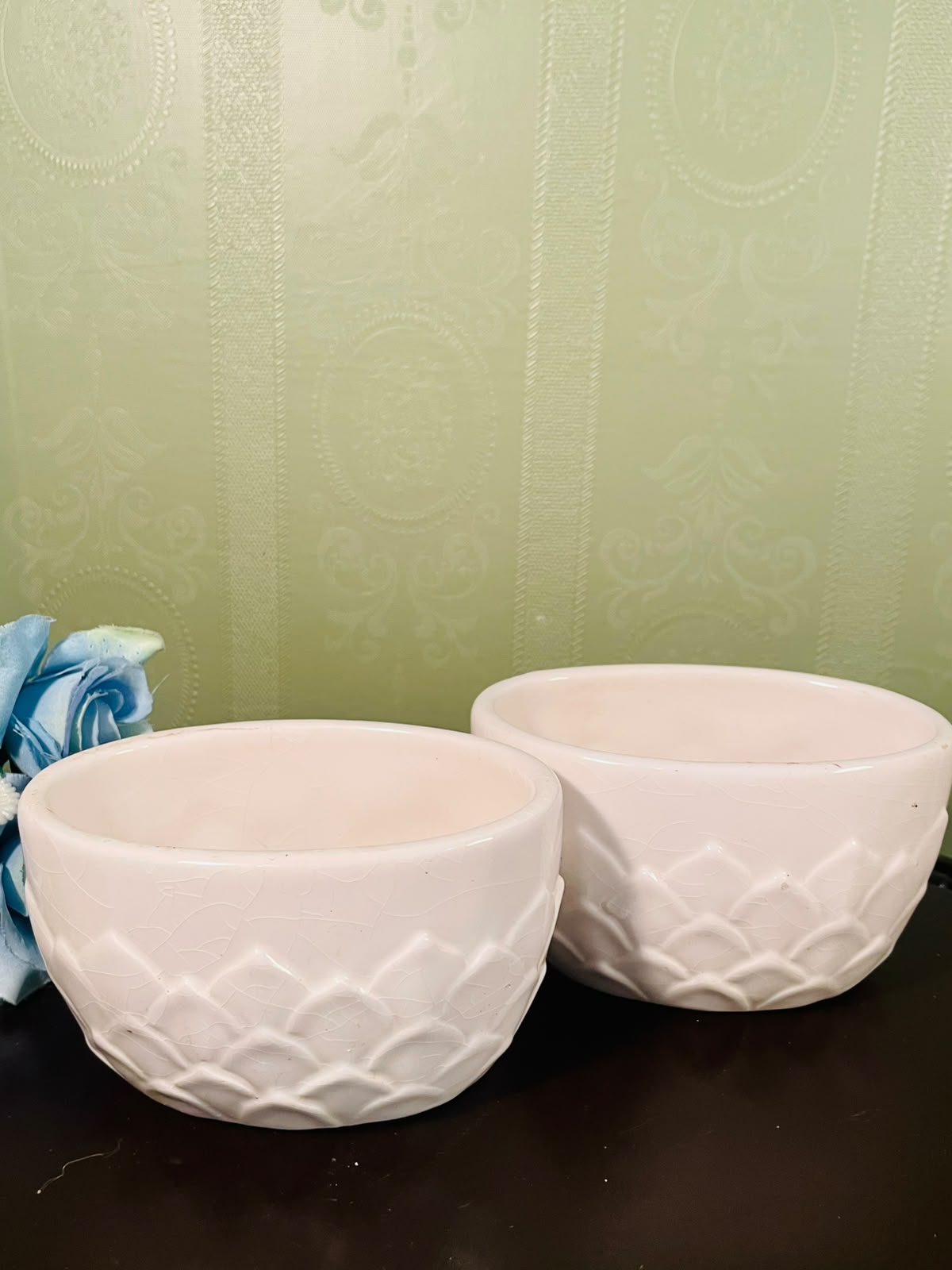 Set of 2 White Ceramic Planters – Embossed Floral Design, 4 Inch