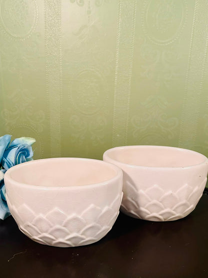 Set of 2 White Ceramic Planters – Embossed Floral Design, 4 Inch