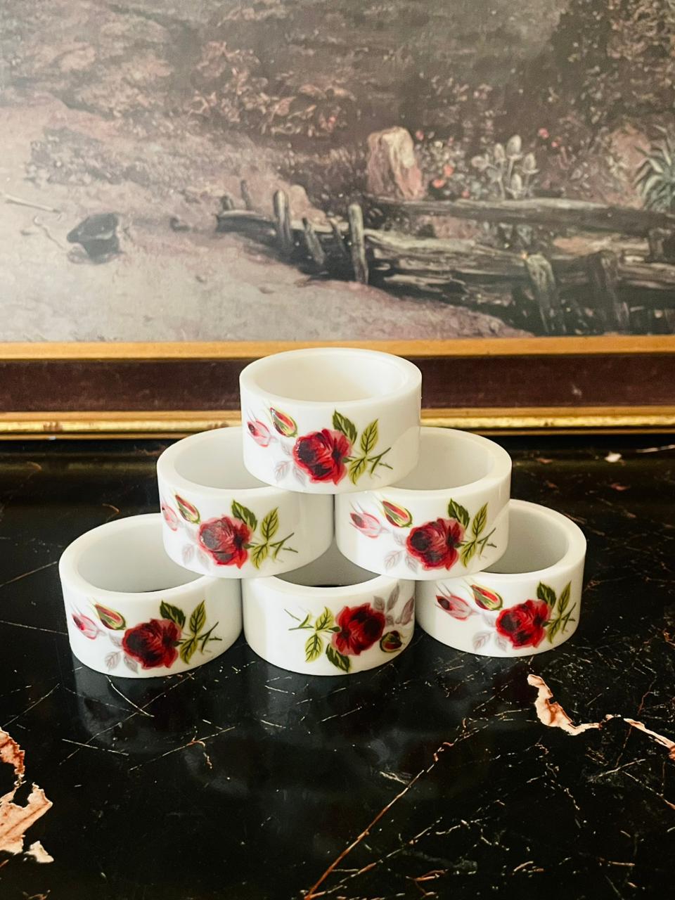 vintage porcelain napkin rings, floral table decor, english red rose napkin holders, porcelain dining accessories, cottagecore tableware, european vintage decor, sunset kitchen collection, thrift finds pakistan, vintage crockery pakistan
