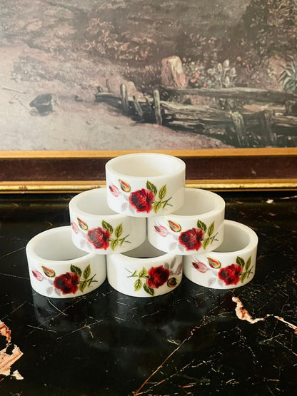 vintage porcelain napkin rings, floral table decor, english red rose napkin holders, porcelain dining accessories, cottagecore tableware, european vintage decor, sunset kitchen collection, thrift finds pakistan, vintage crockery pakistan
