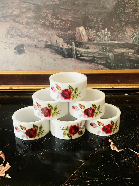 vintage porcelain napkin rings, floral table decor, english red rose napkin holders, porcelain dining accessories, cottagecore tableware, european vintage decor, sunset kitchen collection, thrift finds pakistan, vintage crockery pakistan
