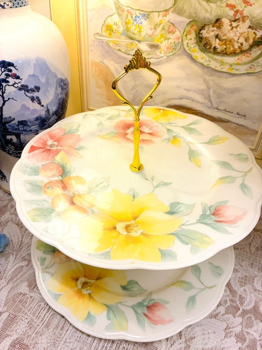 Floral Two-Tiered Cake Stand – Porcelain with Yellow & Pink Flower Design
