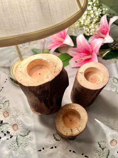 Rustic Wooden Log Candle Holders – 3 Piece Set