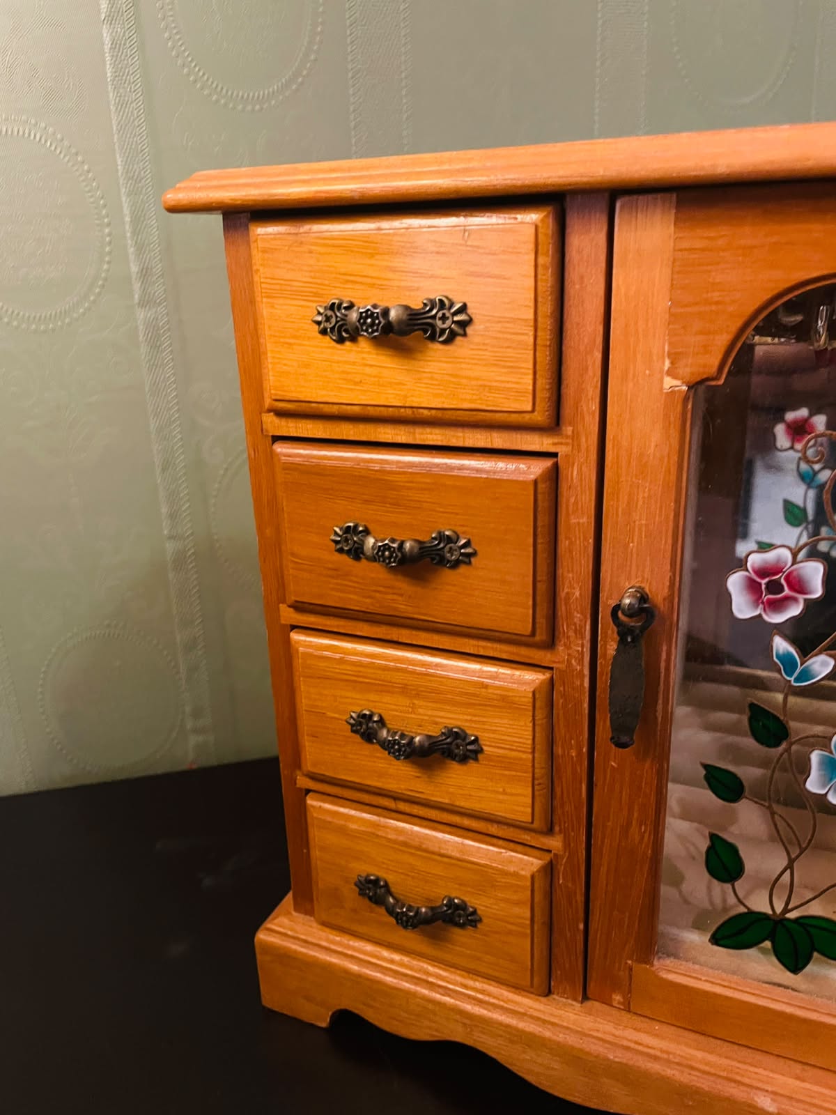 Vintage Wooden Jewelry Box Cabinet with Floral Glass Door