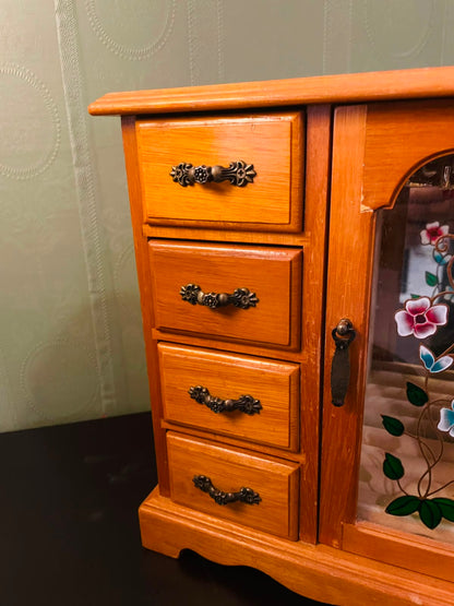 Vintage Wooden Jewelry Box Cabinet with Floral Glass Door
