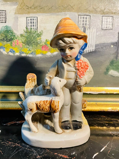 Vintage Porcelain Boy with goat Figurine — Hand-Painted Cottage-Style Charm