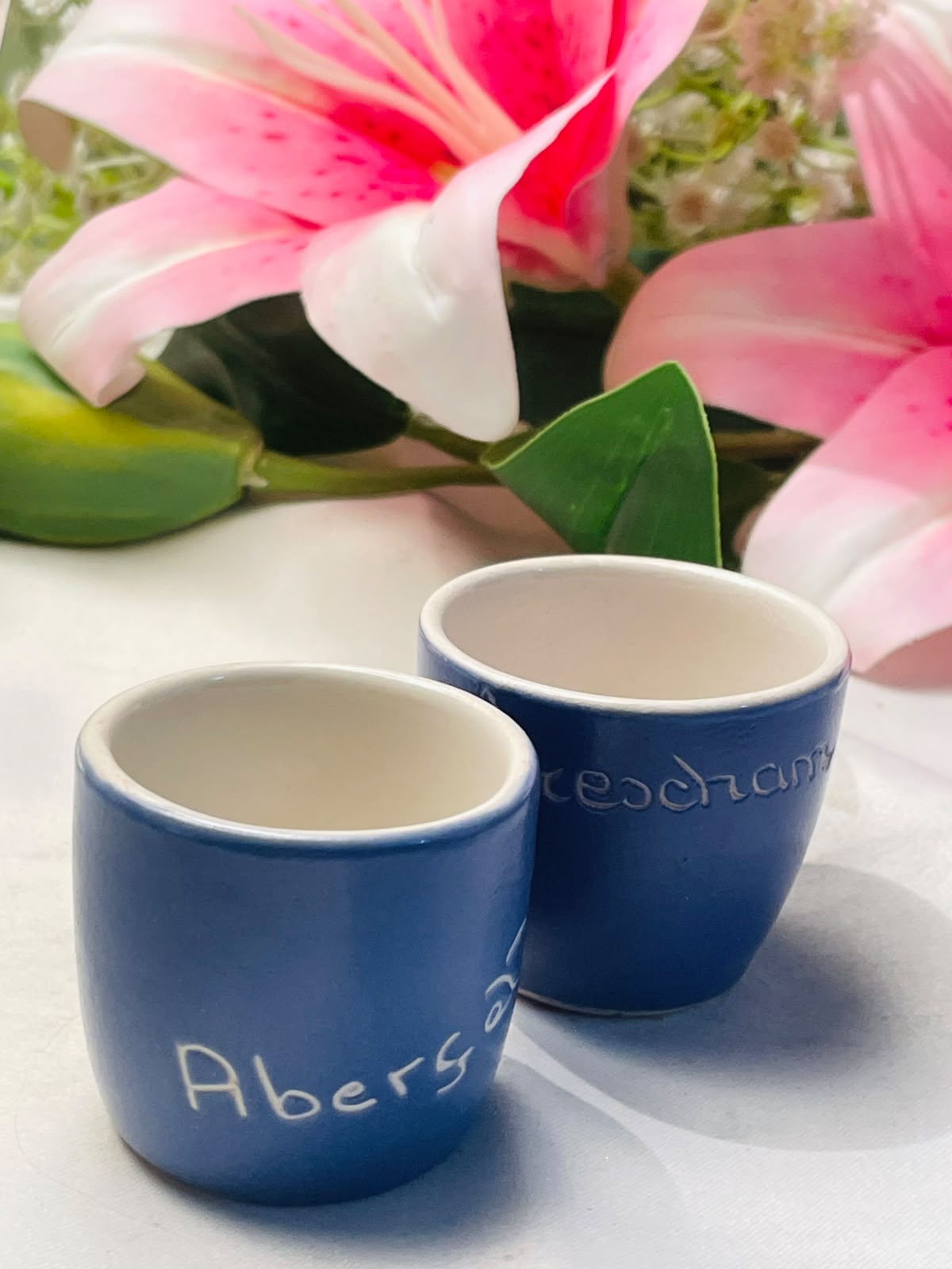 Pair of Blue Ceramic Egg Cups Aberystwyth & Pochampally Style Approx. 6 cm