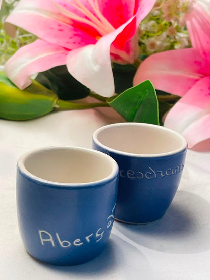 Pair of Blue Ceramic Egg Cups Aberystwyth & Pochampally Style Approx. 6 cm