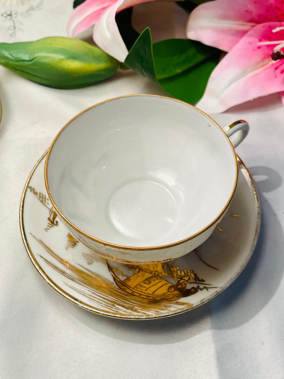 Vintage Hong Kong Porcelain Cup & Saucer with Gilt Oriental Scene