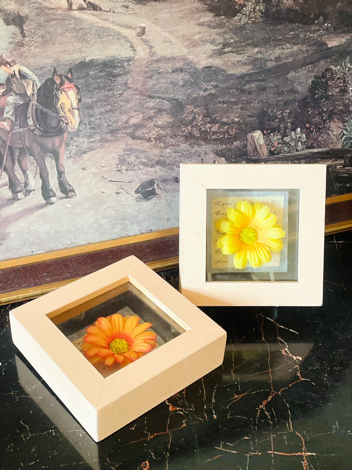 Set of 2 Wooden 3D Flower Shadow Frames – Yellow & Orange Daisy Decor