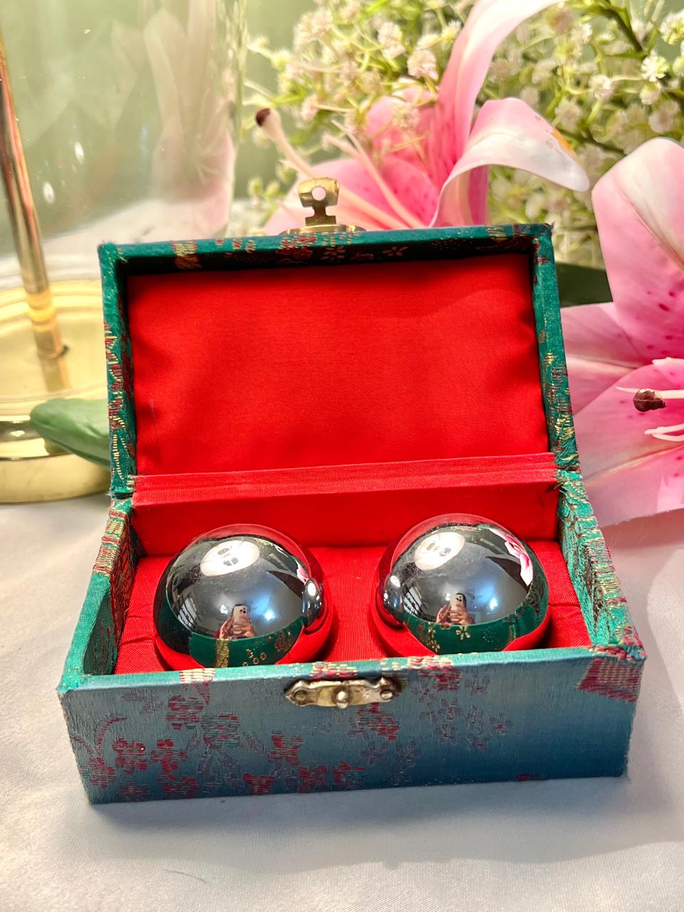 Chinese Baoding Exercise Balls in Brocade Box – Pair of Chrome Meditation Balls, Approx. 13 cm Box