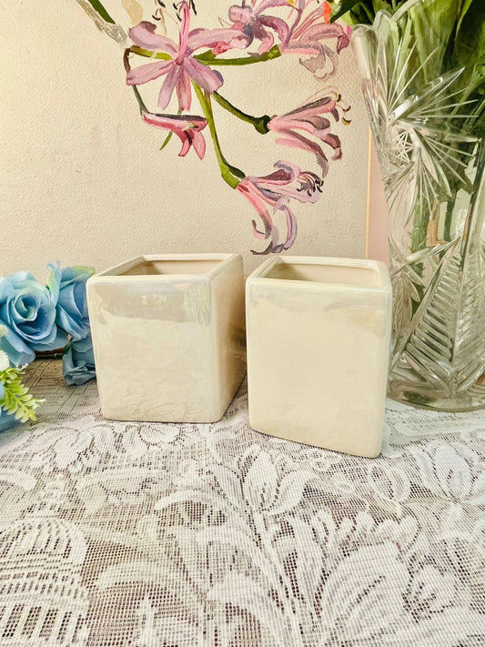 Set of 2 Cream Ceramic Cube Planters – Vintage Style