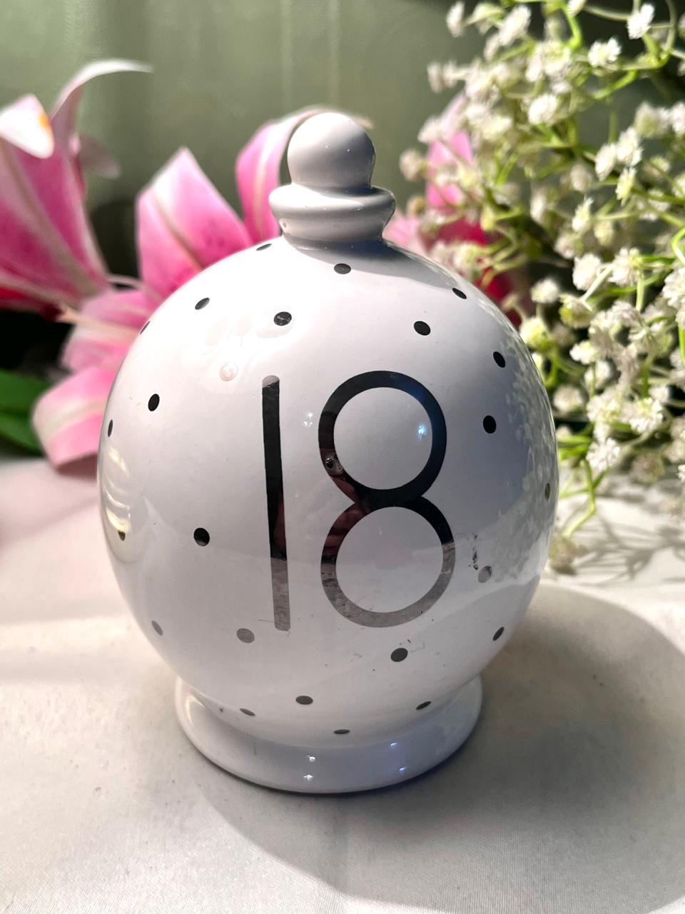 White Ceramic 18th Birthday Coin Bank Black Polka Dot 5.25 Inch