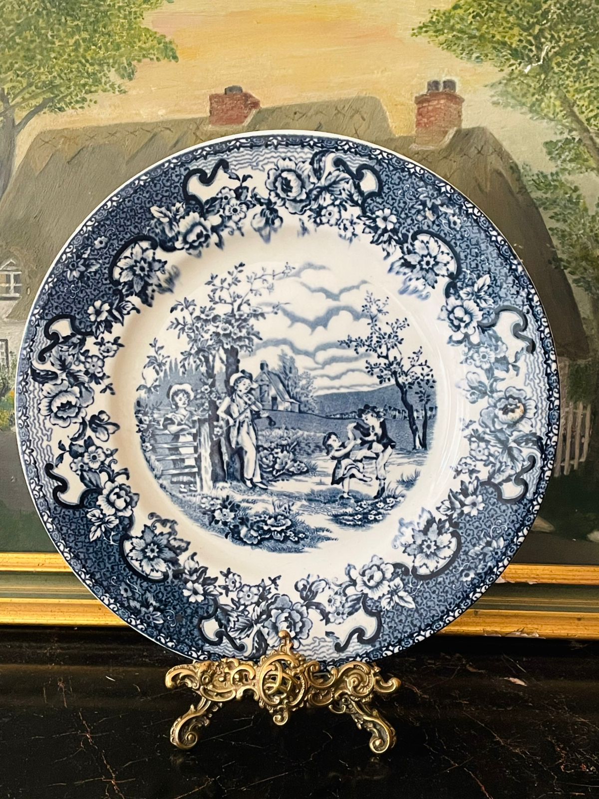 England Blue Pottery Plate by Staffordshire – “Playtime” 10 Inch Vintage Collectible