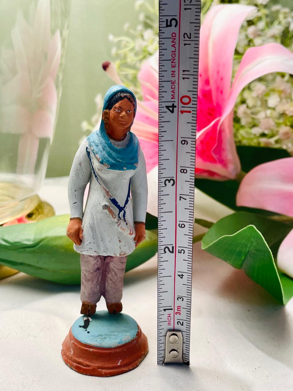 Hand-Painted Female Figurine in Blue Headscarf – Folk Art Miniature, Approx. 11 cm