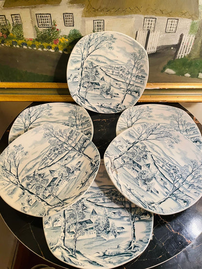 Set of 6 Scarce Vintage Midwinter Fashion Style 'Happy Valley' Blue & White Ironstone Quarter Plates