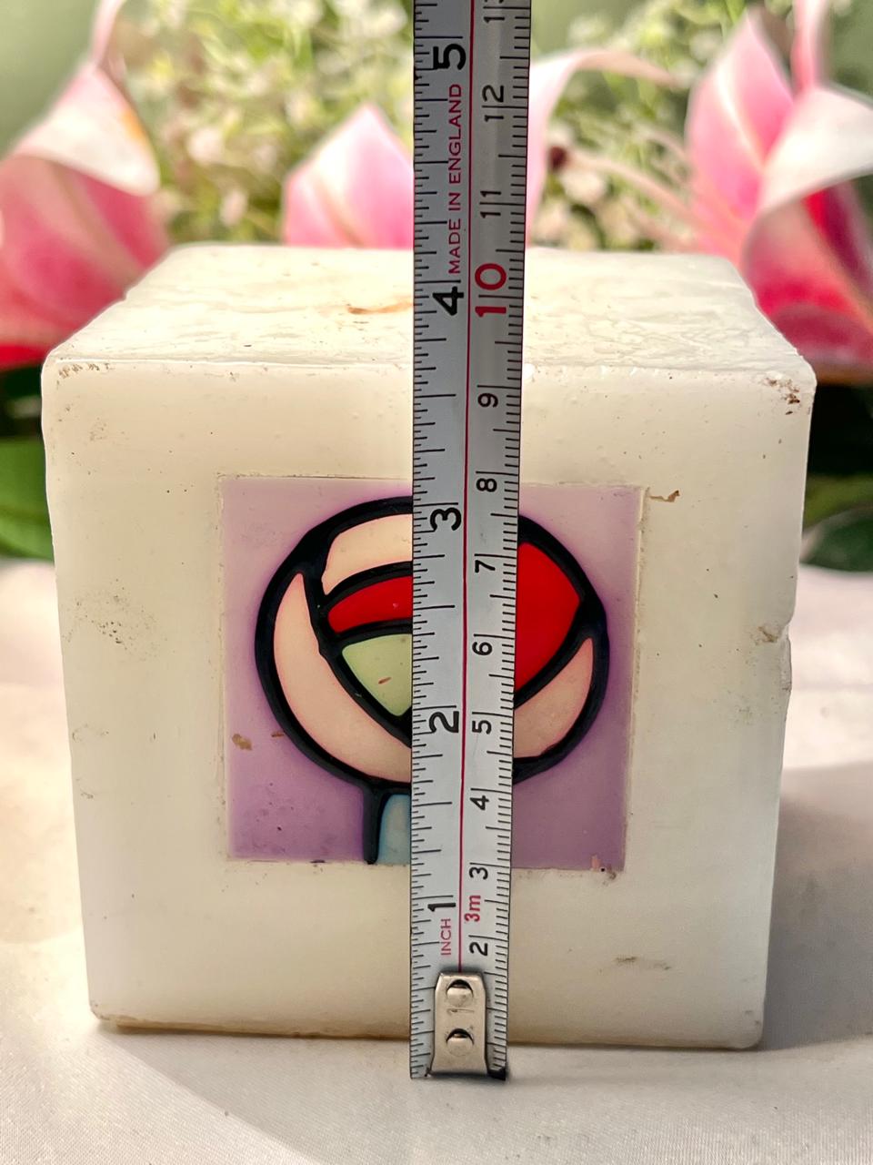 Vintage Cream Cube Candle with Abstract Floral Motif 10 cm