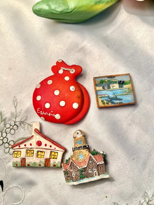 Vintage Miniature House & Travel Magnet Souvenir Collection – 4 Pcs