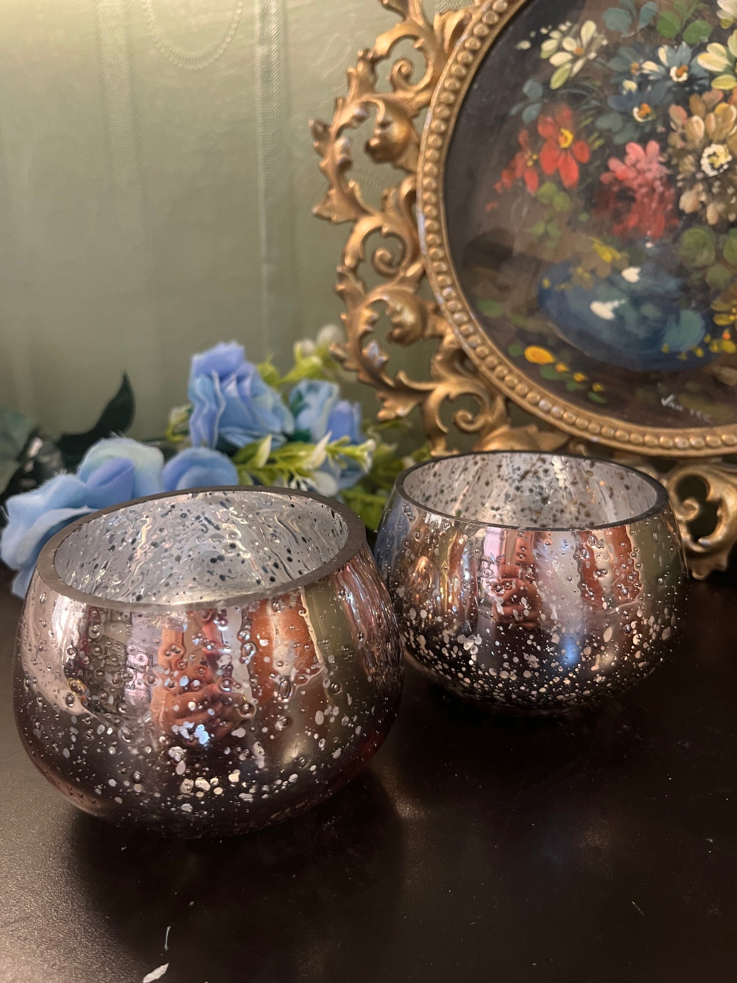 Set of 2 Mercury Glass Candle Holders / Speckled Silver Votive Bowls