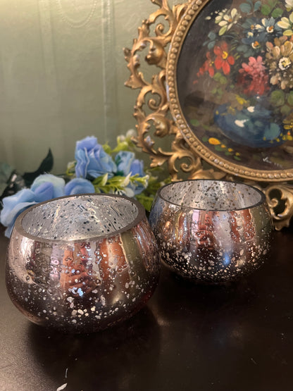 Set of 2 Mercury Glass Candle Holders / Speckled Silver Votive Bowls