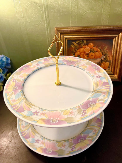 Vintage Floral Two-Tier Cake Stand – Porcelain Dessert Serving Tray with Gold Handle