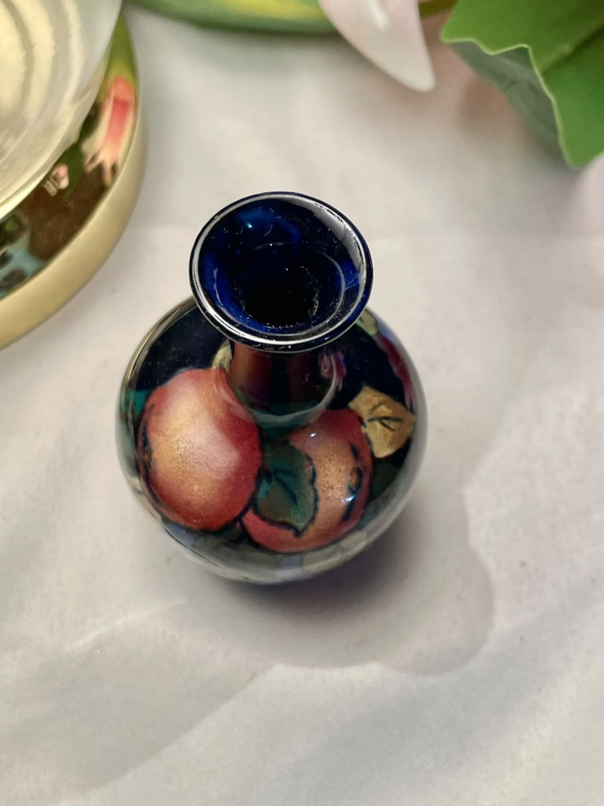 Vintage Fruit Motif Mini Vase, Dark Blue, 4 in