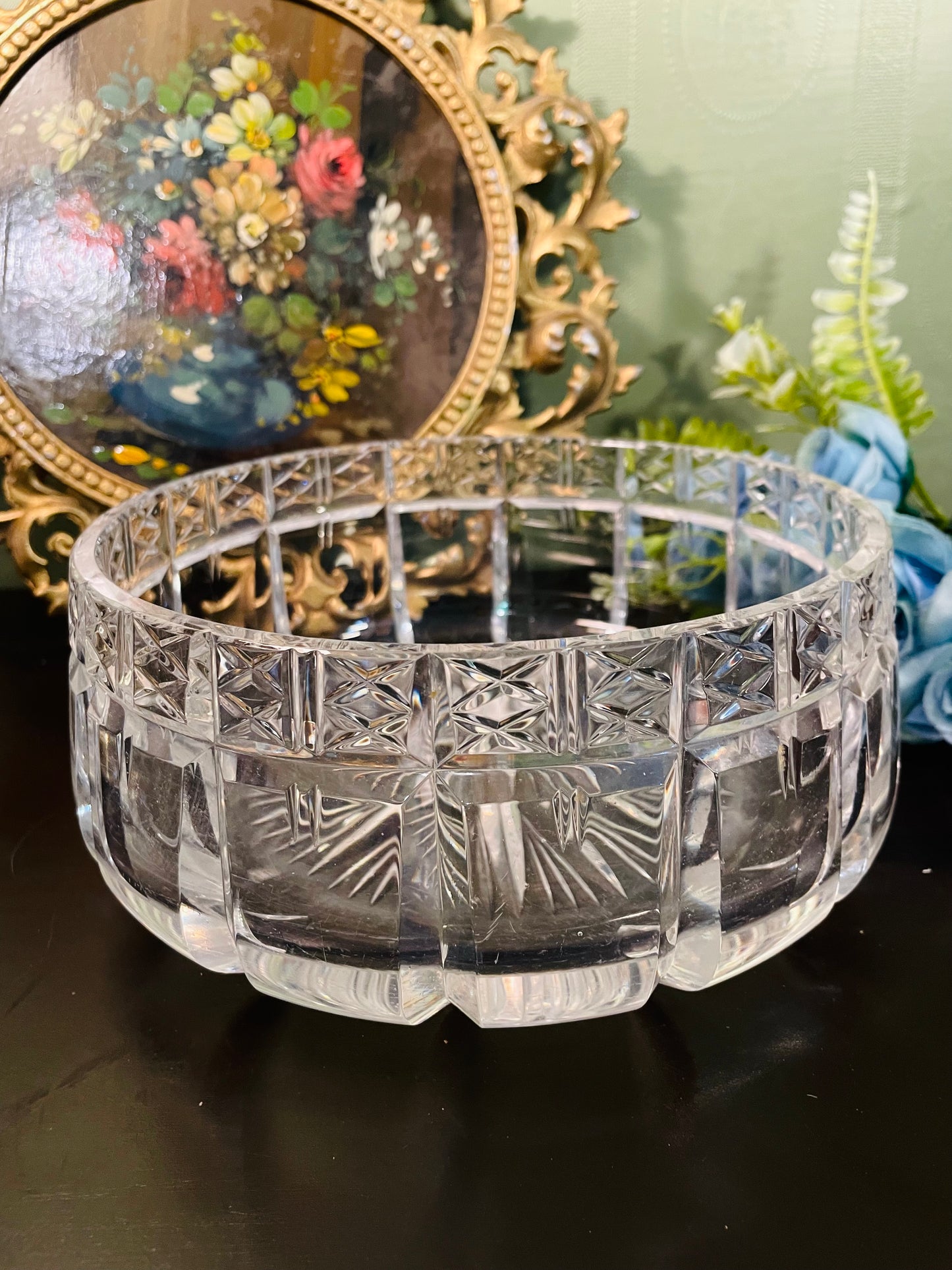 Vintage Crystal Glass Large Round Bowl Starburst Cut