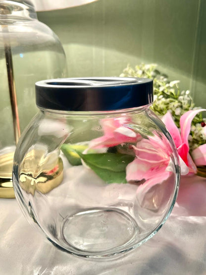 Vintage Clear Crystal Storage Jar with Black Lid