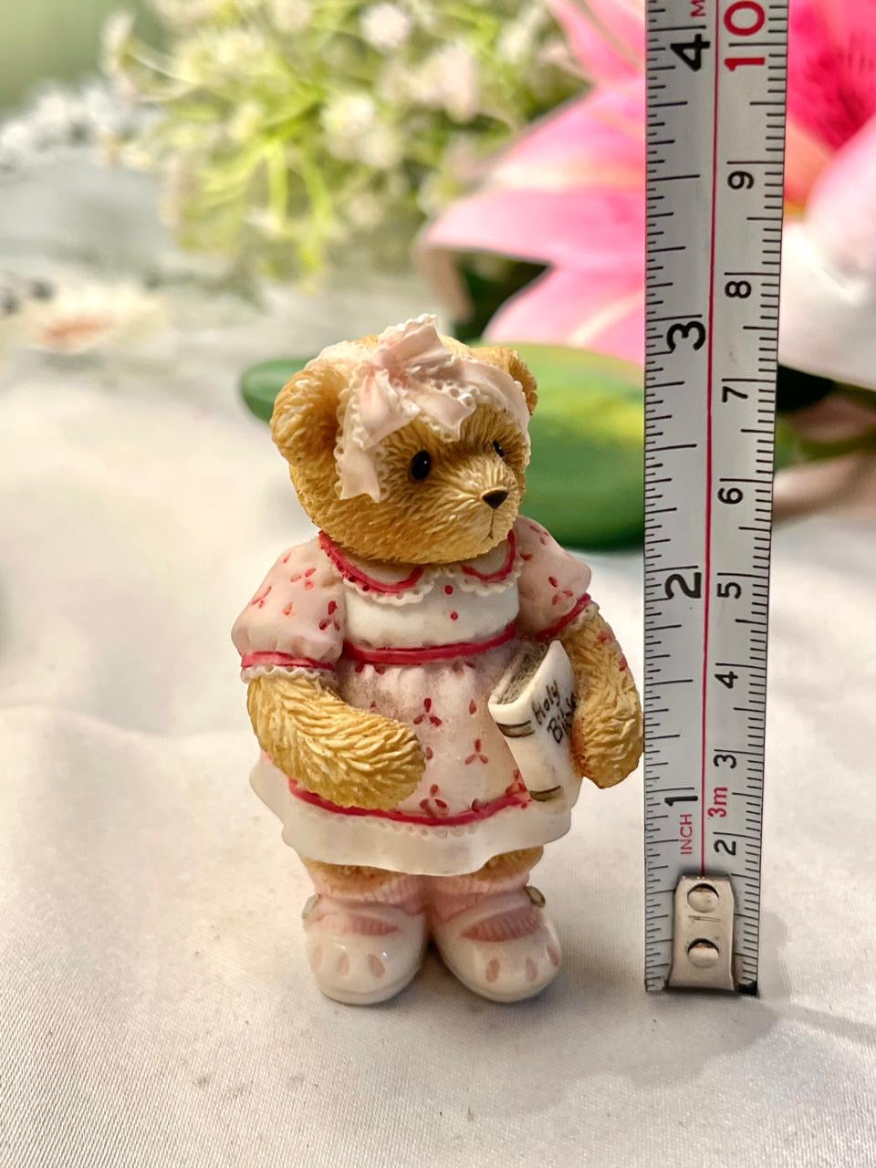 Vintage Teddy Bear Figurine Pink Dress & Book 7 cm