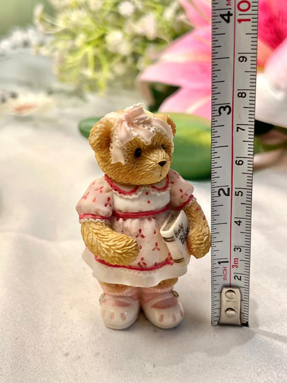 Vintage Teddy Bear Figurine Pink Dress & Book 7 cm