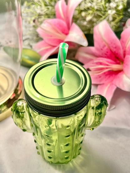 Green Cactus Shaped Crystal Drinking Jar with Straw 14cm