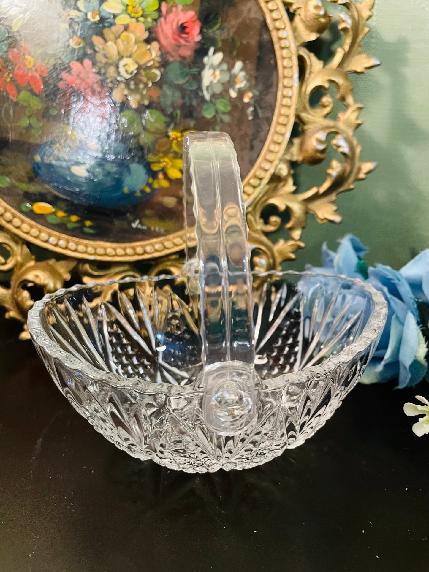 Vintage Crystal Glass Handled Basket