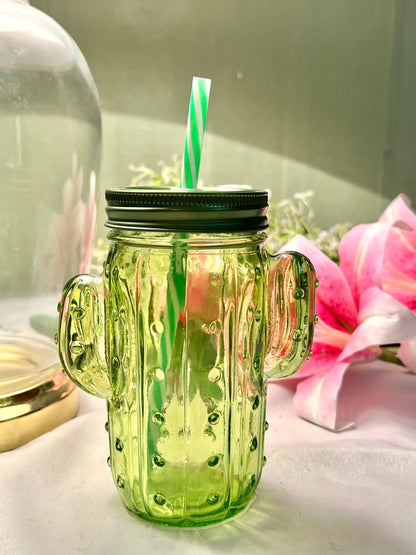 Green Cactus Shaped Crystal Drinking Jar with Straw 14cm