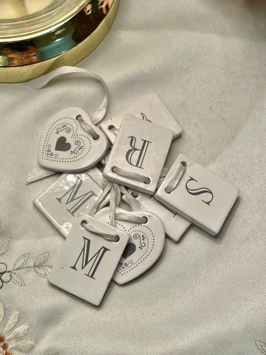 White Ceramic Initial Gift Tags with Ribbon