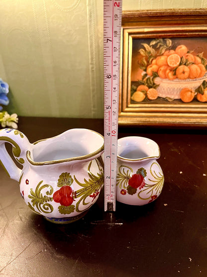 Set of 2 Hand-Painted Ceramic Floral Jugs – Red Flower Pitchers with Gold Trim