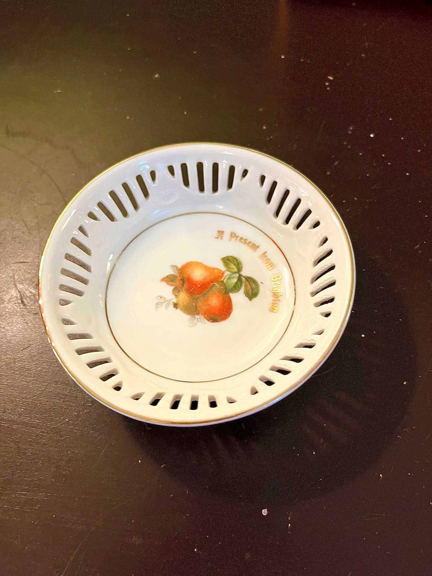 Vintage Fruit Motif Pierced Porcelain Dish 12 cm Gold Rim