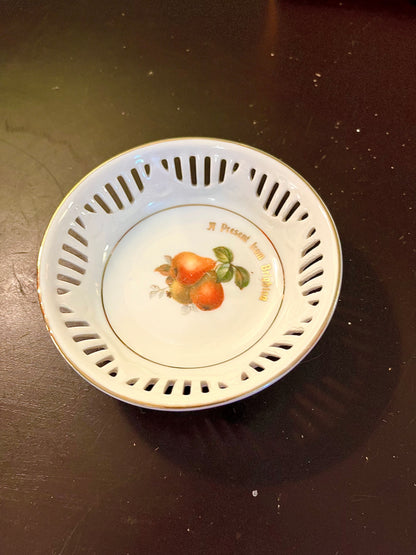 Vintage Fruit Motif Pierced Porcelain Dish 12 cm Gold Rim