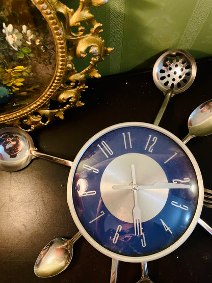 Vintage Cutlery Kitchen Wall Clock Blue Dial