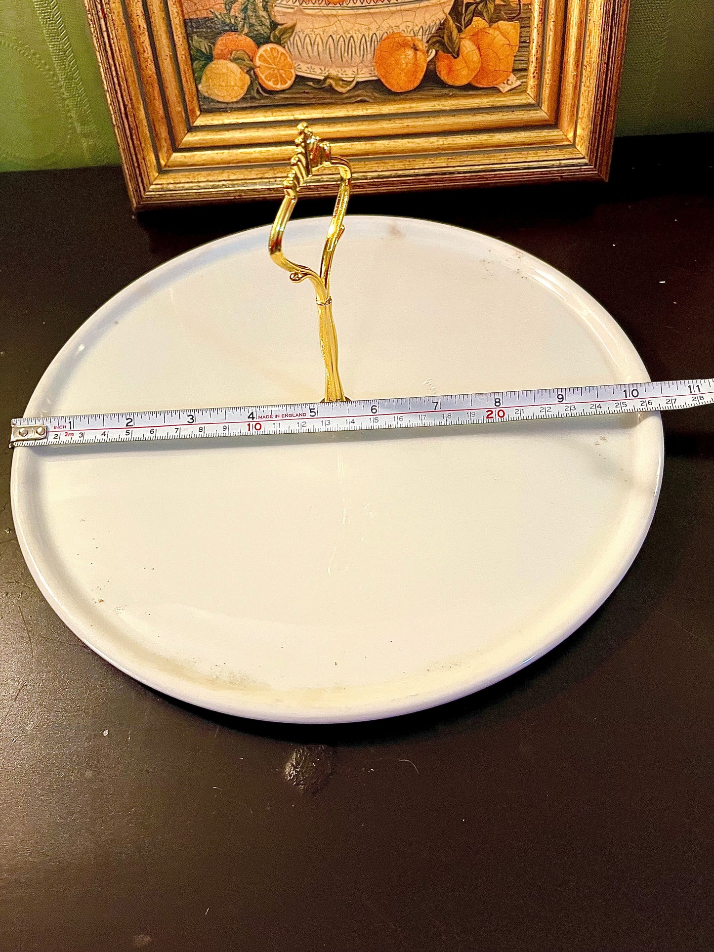 Vintage White Round Serving Platter with Gold Handle – 10 Inch