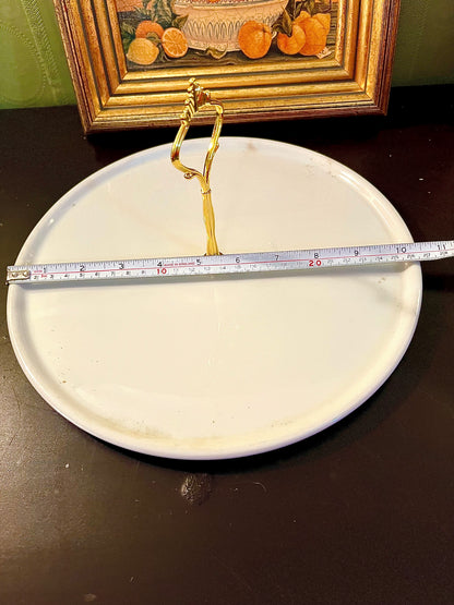 Vintage White Round Serving Platter with Gold Handle – 10 Inch