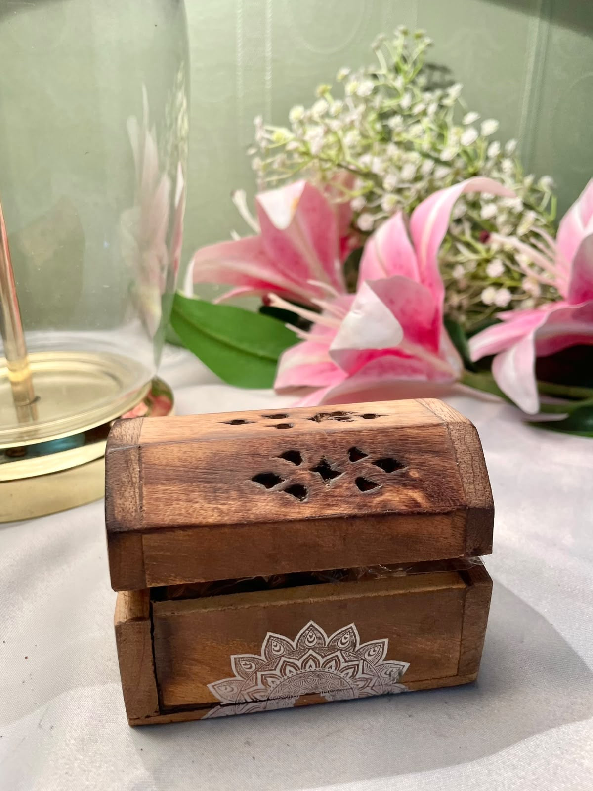 Carved Wooden Decorative Box with Mandala Detail 10 cm