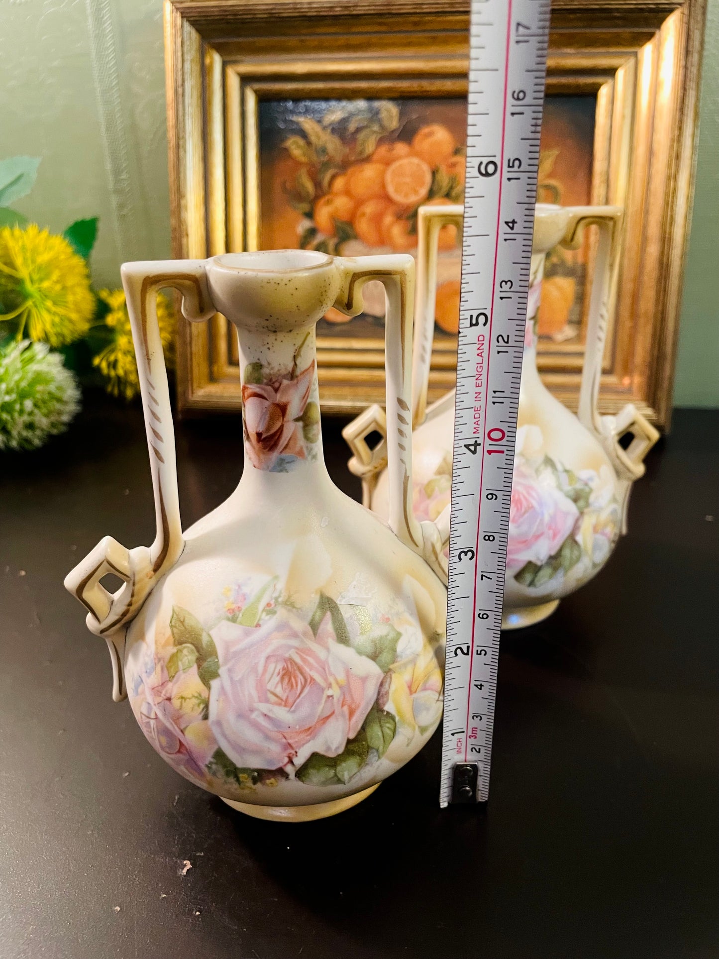 Antique Rose Porcelain Double-Handle Vases – Set of 2