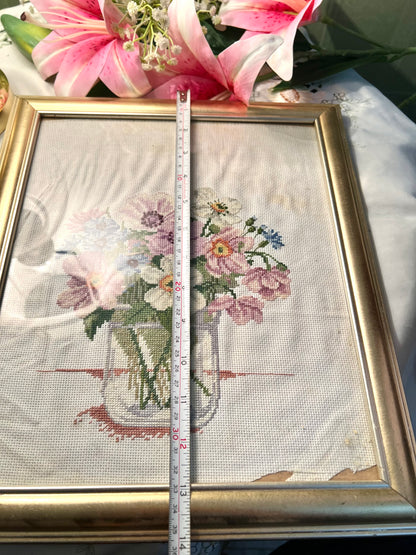 Vintage Framed Floral Cross-Stitch Bouquet Gold-Tone Frame 33cm