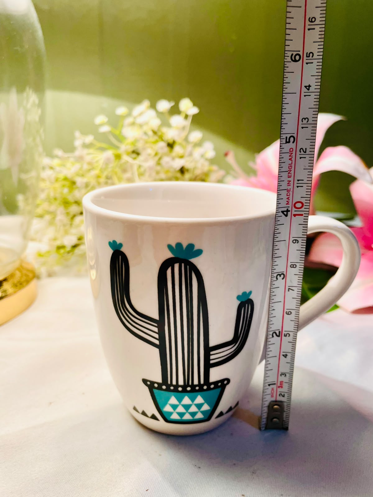 White Ceramic Cactus Mug – Black & Turquoise Design, 4 Inch