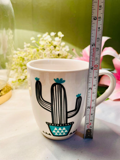 White Ceramic Cactus Mug – Black & Turquoise Design, 4 Inch