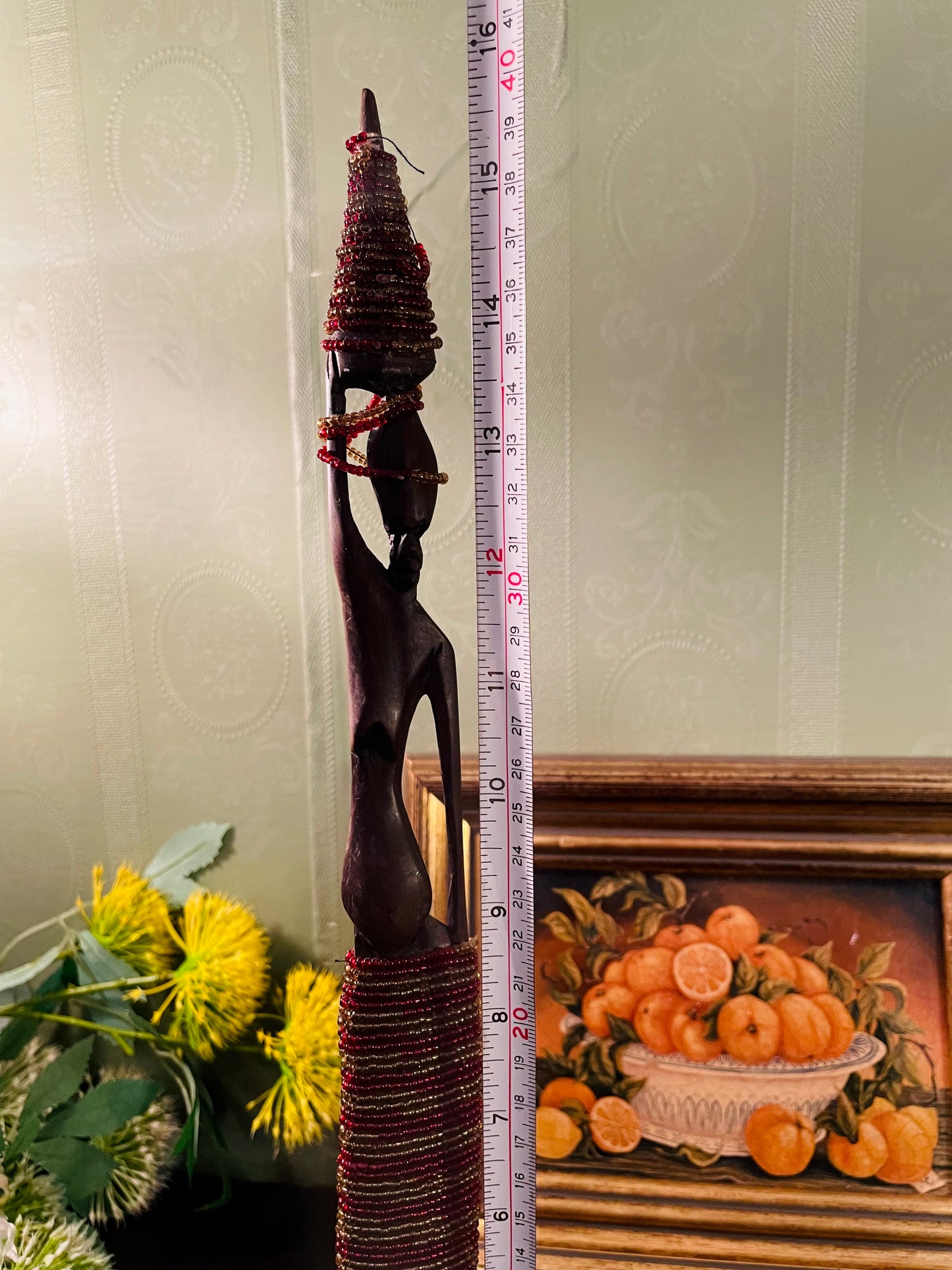 Vintage Beaded Wooden Woman Figurine – 39 cm
