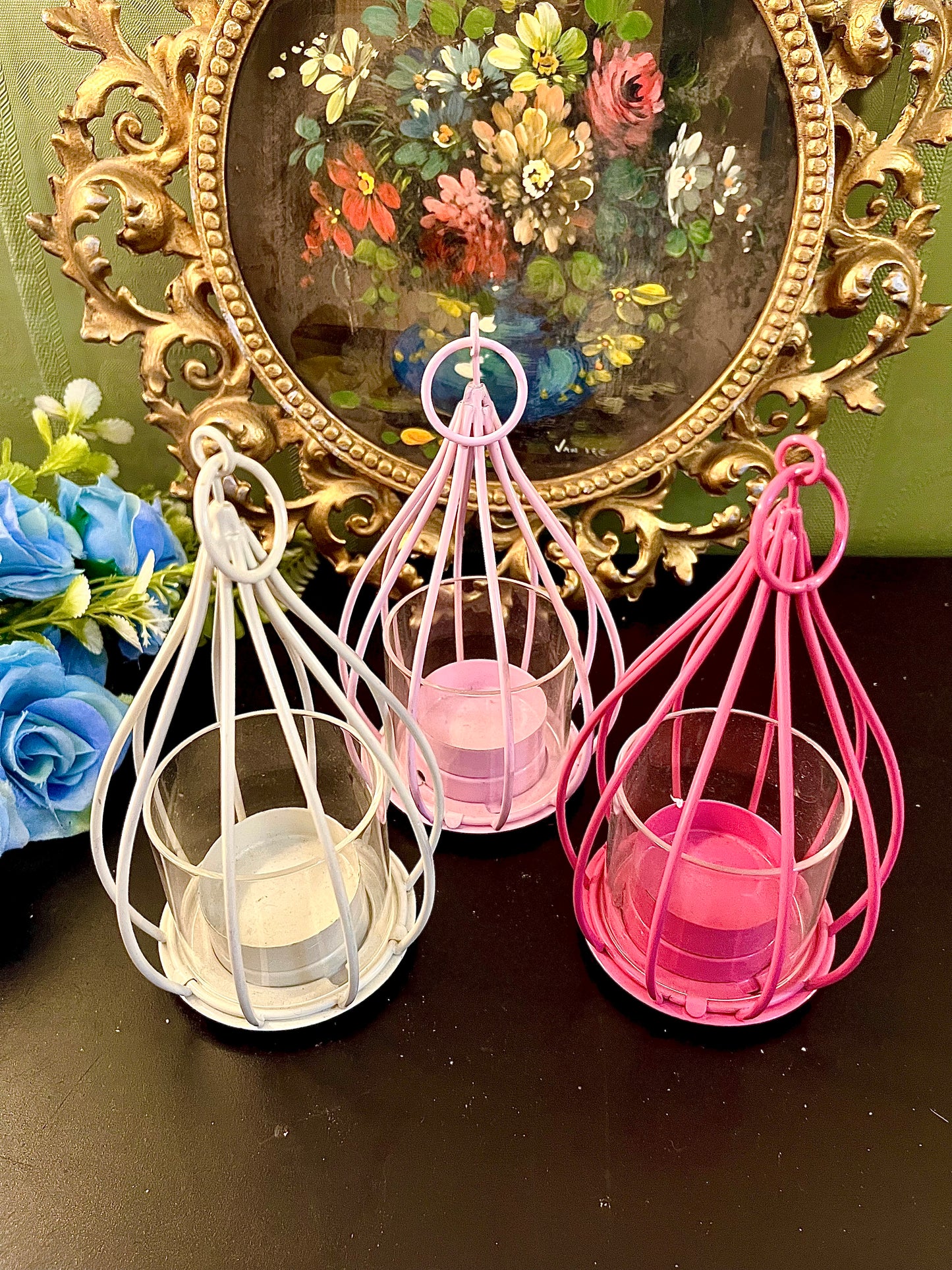 Set of 3 Hanging Metal Tealight Candle Holders with Glass Cups – White, Pink & Lilac